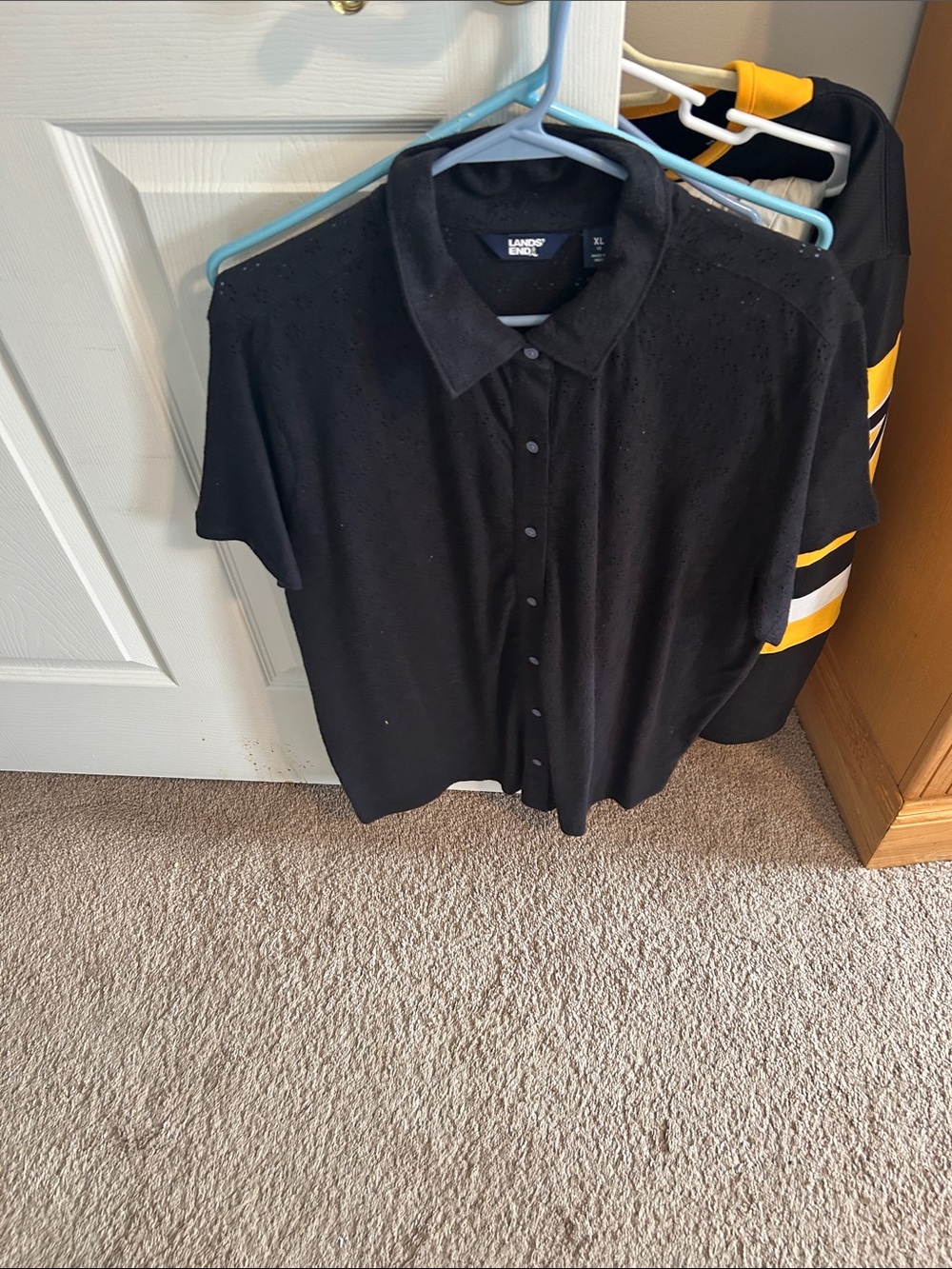 Lands' End Black Short-Sleeve Button-Down Polo Shirt